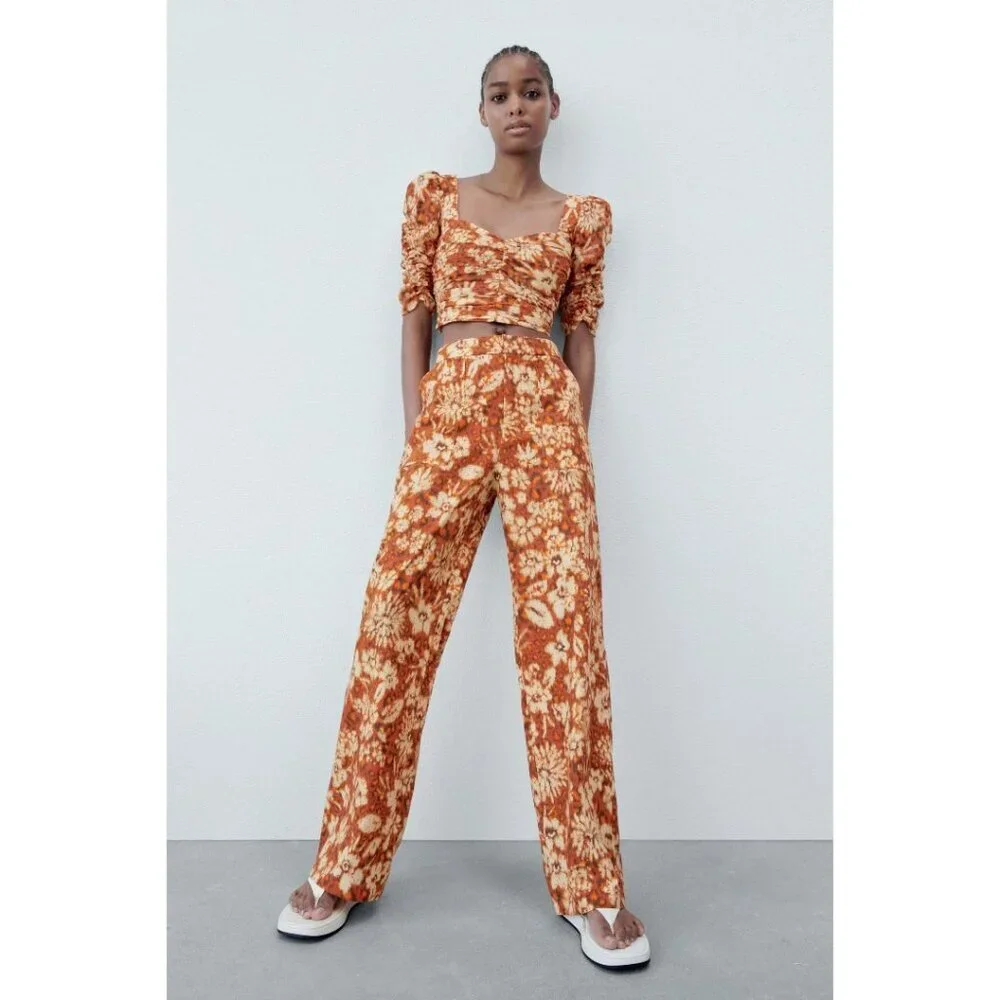Zara Burnt Orange Floral Wide Leg Pants High Waist Boho Retro XL - Picture 2 of 16